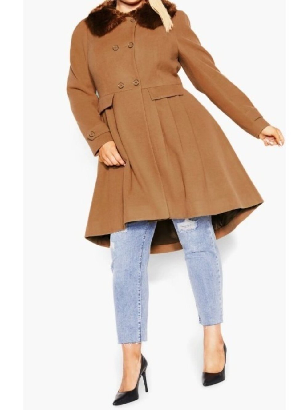 City Chic Grandiose Coat With Fur Collar Double Breasted Pockets Sand Tan NWT 18